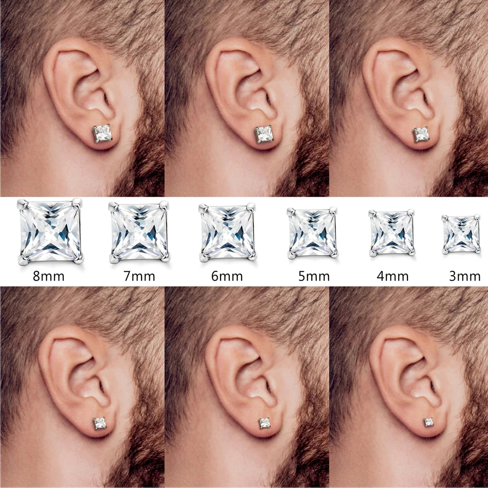 Hypoallergenic 316L Stainless Steel Square Round CZ Stud Earrings Set for Sensitive Ears Unisex 3-8MM