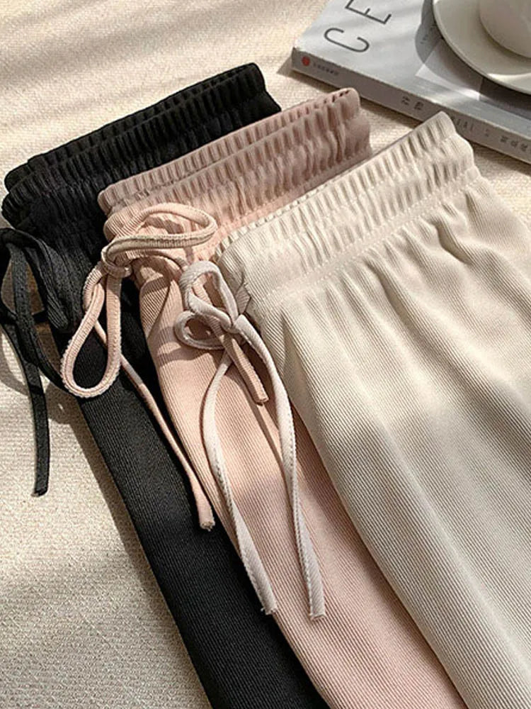 Summer Lace Up Wide Leg High Waist Pants for Women Ice Silk