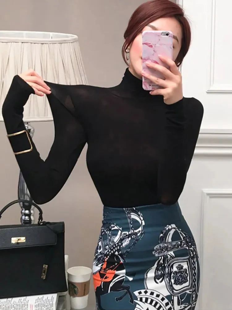 Fall 2024 Women See Through Long Sleeve Turtleneck Top