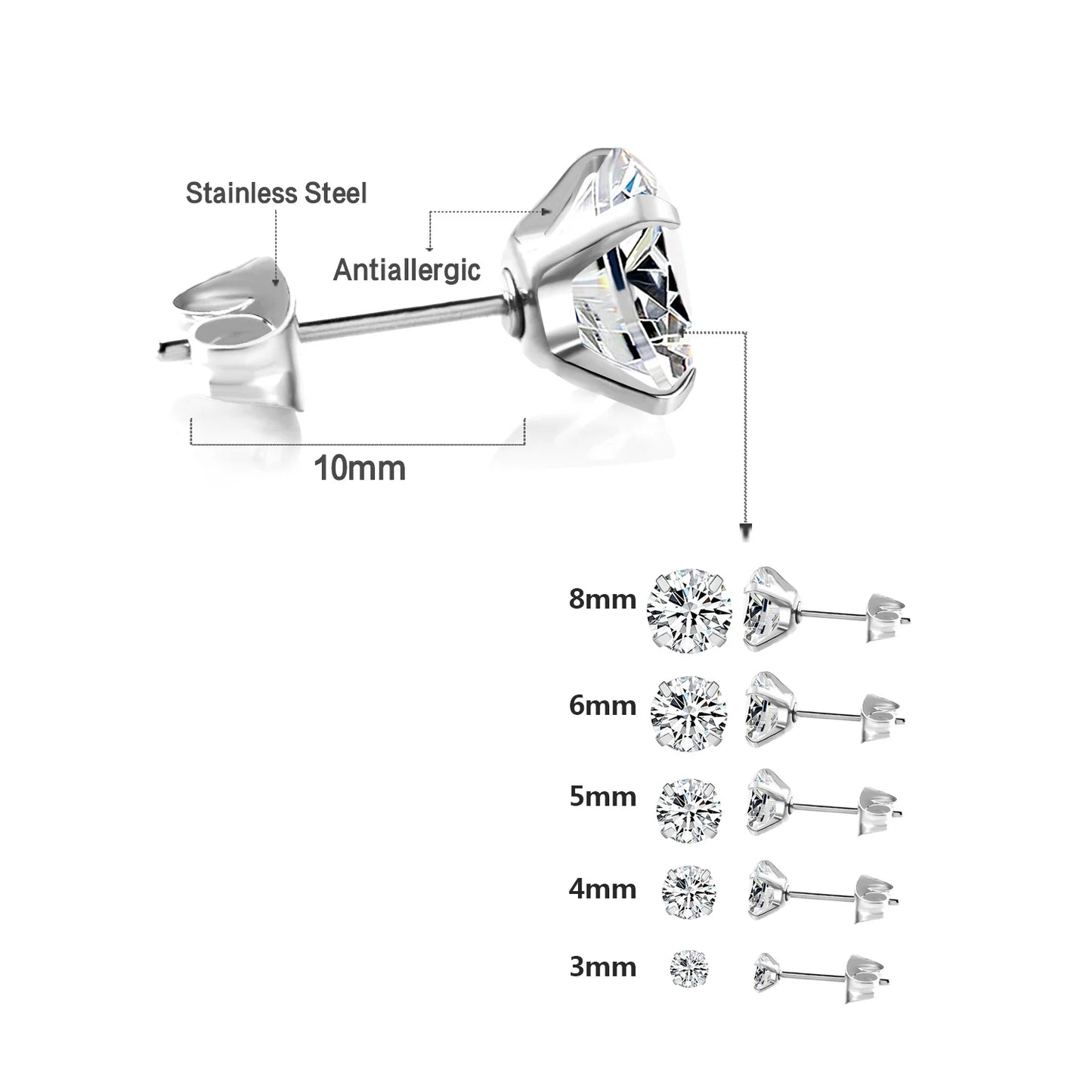 LUXUSTEEL Men's Crystal Zircon Stud Earrings 316L Stainless Steel Anti Allergic Cartilage Piercing 3-8mm