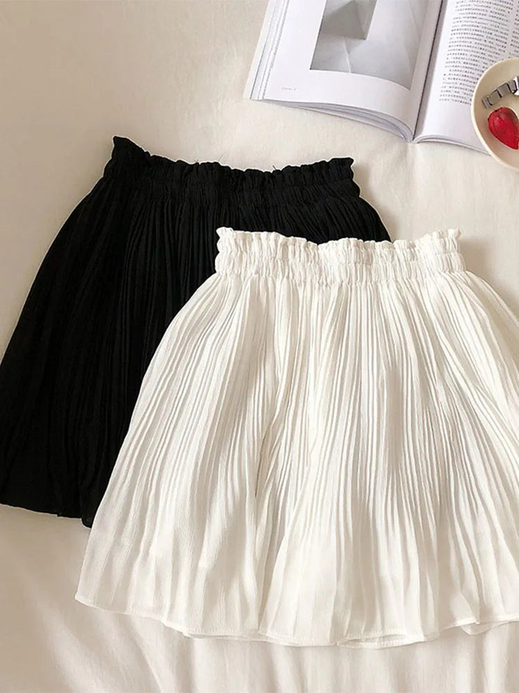 Chiffon Pleated Mini Skirt Elastic Waist Korean Beach 2025