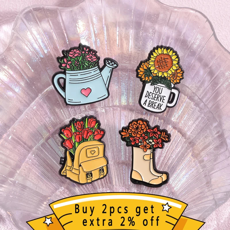 Whimsical Break Enamel Pin Set with Floral Bicycle and Watering Can Designs for Backpacks and Parties