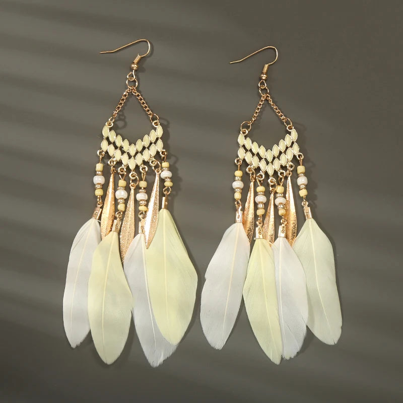 Bohemian Long Feather Drop Earrings with Tassel Beads and Enamel Flowers for Women