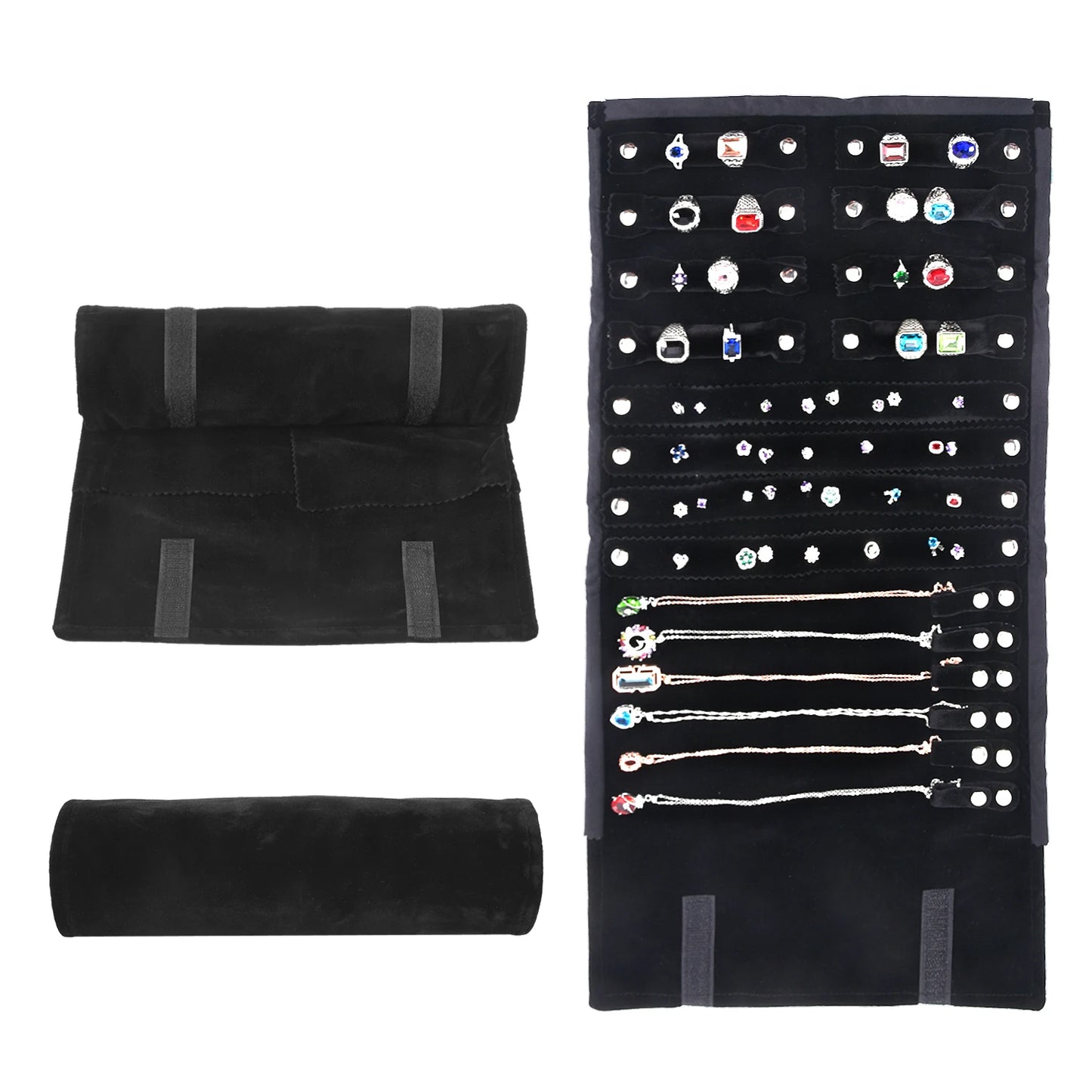 Elegant Velvet Travel Jewelry Organizer Roll For Necklaces Bracelets Rings
