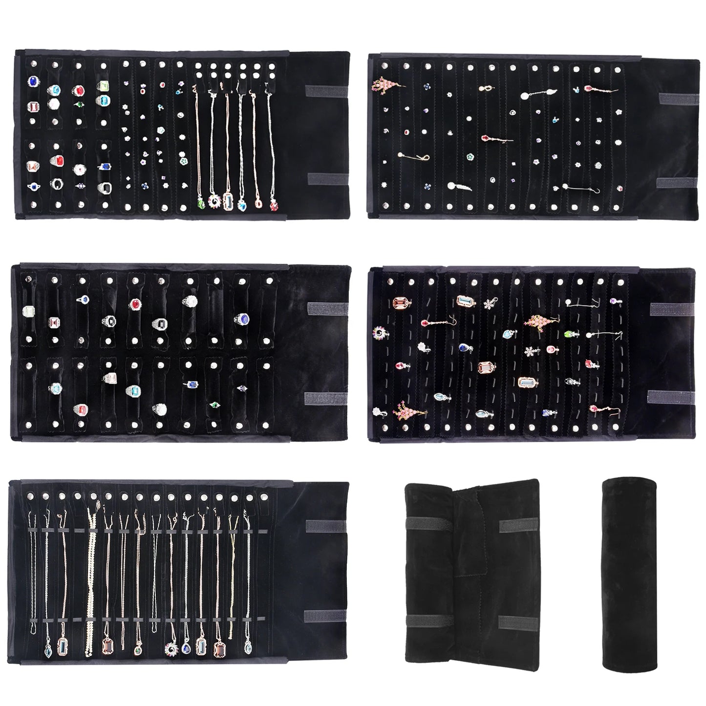 Elegant Velvet Travel Jewelry Organizer Roll For Necklaces Bracelets Rings