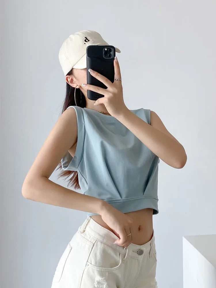 Dozw Women Solid Color Crop Tank Top O Neck Cotton Blend
