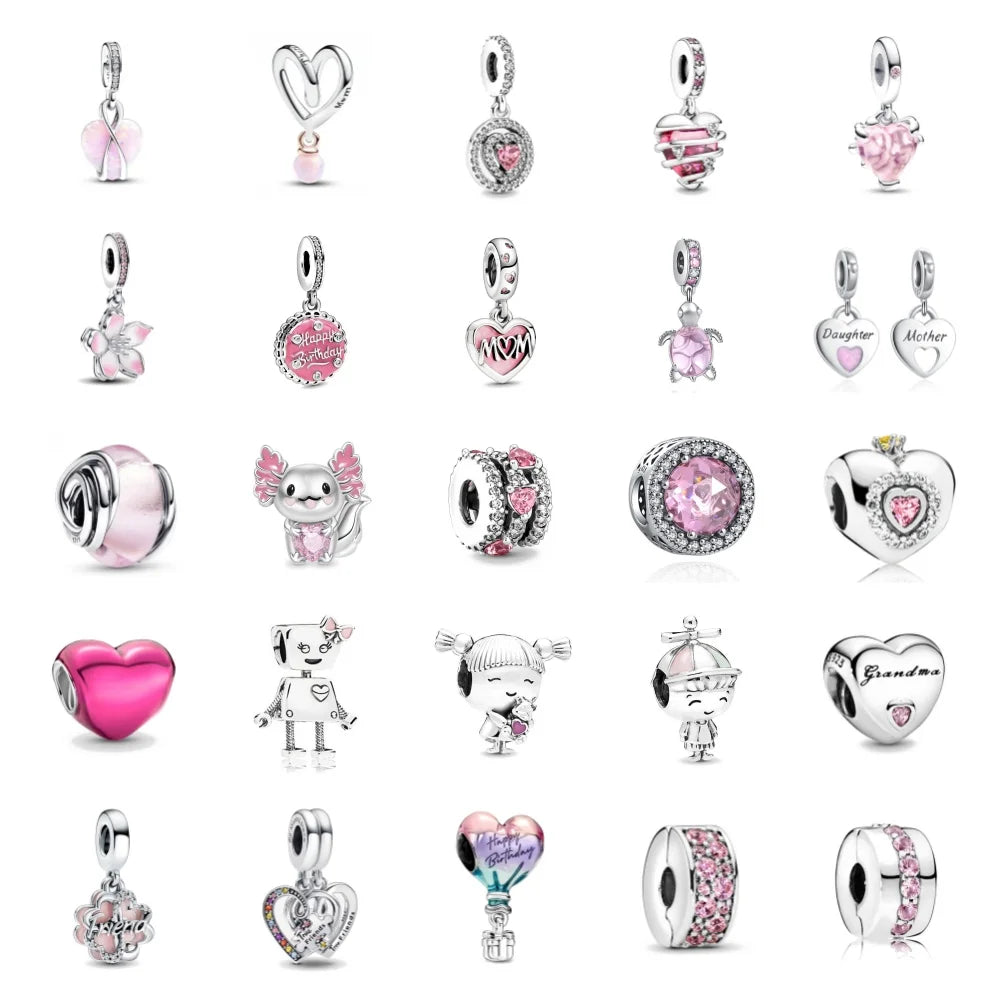 Spring Pink 925 Sterling Silver Enamel Flower Pendant for Mother Daughter Bracelets