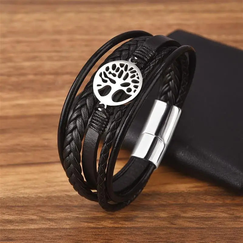 Men's Leather Bracelet with Stainless Steel Tree of Life Charm - Stylish Multi-Layer Fashion Accessory