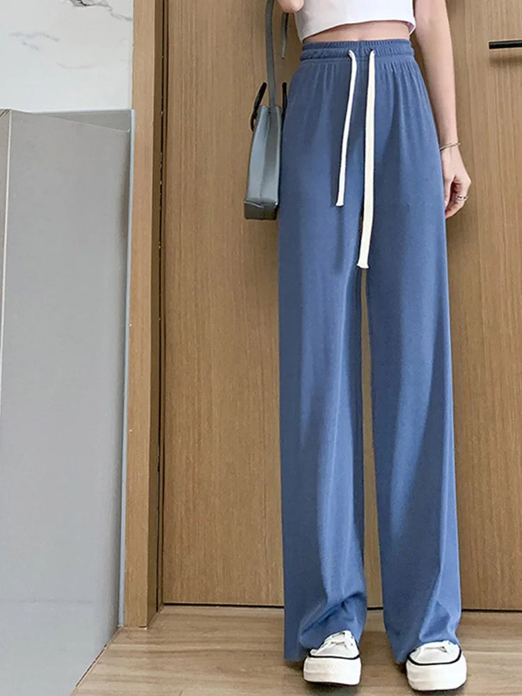 Summer Lace Up Wide Leg High Waist Pants for Women Ice Silk