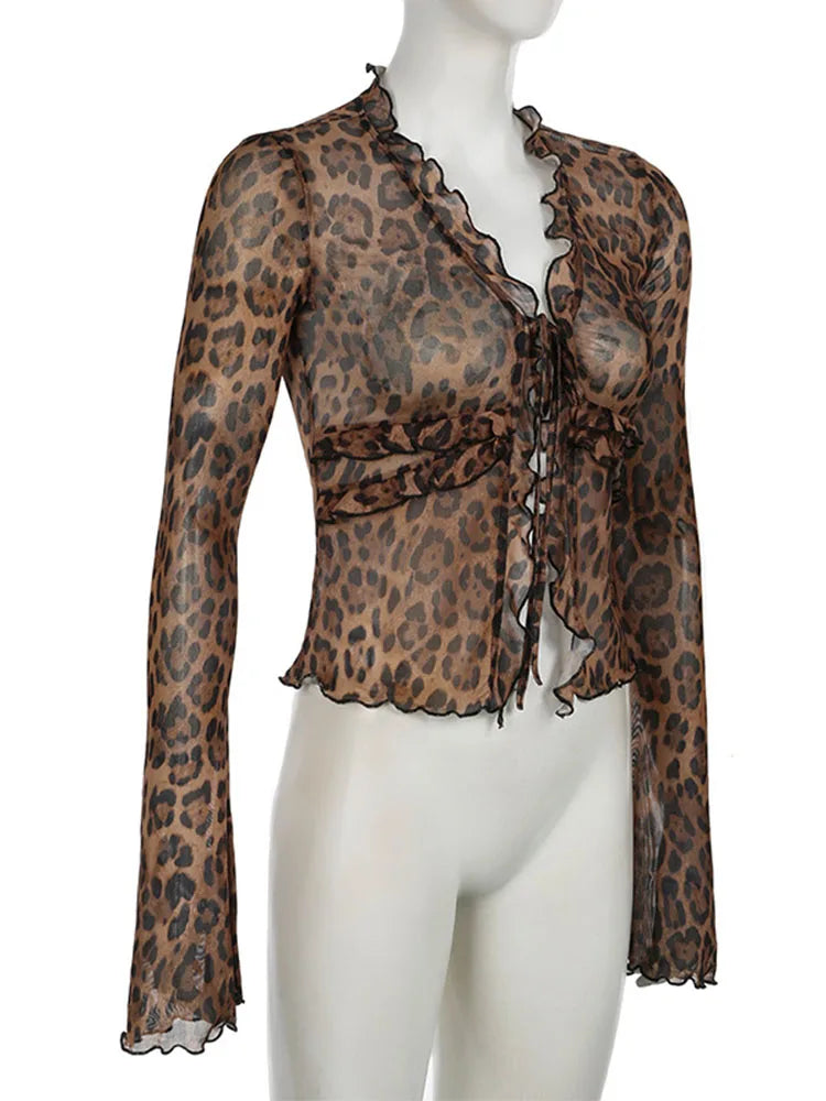 Leopard Print Lace Up Blouse Women Semi Sheer Mesh Ruffled