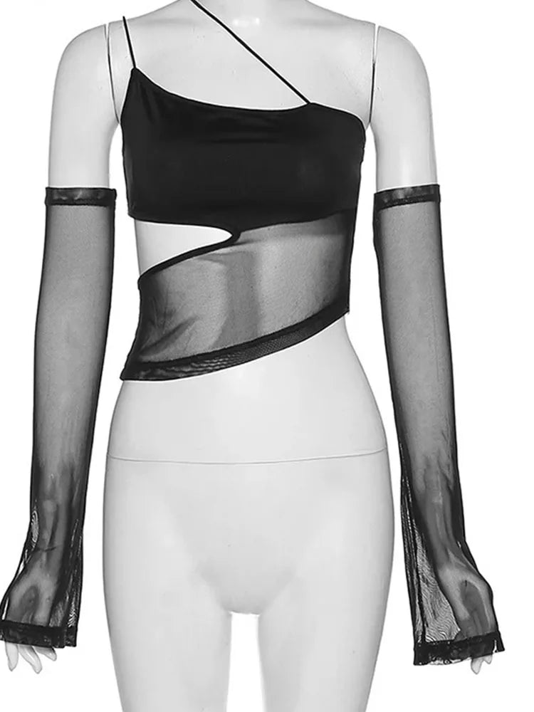 Asymmetrical Mesh Crop Top With Sleeves Fairy Grunge