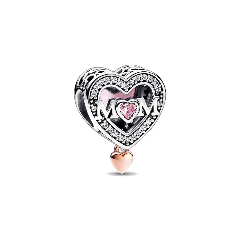 European 925 Sterling Silver Pink Charm Bead for Mother's Day Jewelry Gift for Women