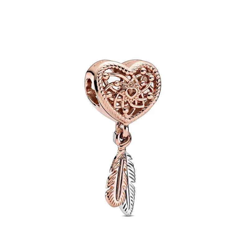 Rose Gold Padlock Heart Key Pendant Necklace for Women 925 Silver with Zircon Beads P021