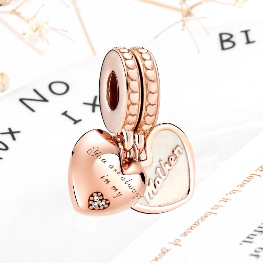 Rose Gold Winged Angel Heart Charm Bead Pink Daisy Spacer