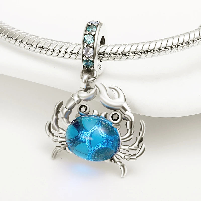 Blue Crab Charm 925 Sterling Silver Bead for 3mm Bracelets and Necklaces DIY Jewelry Gift