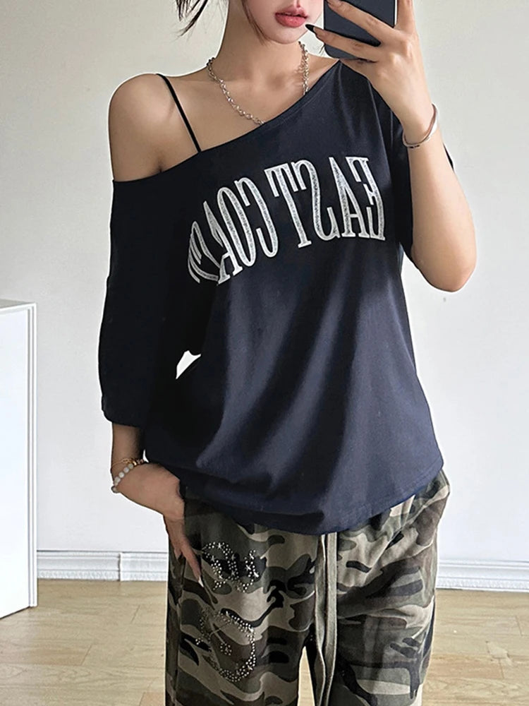 Off Shoulder Letter Print Tee Women Casual Summer Top