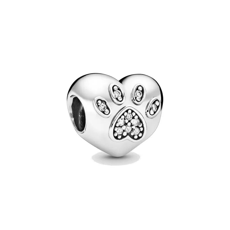 Diy White Pave Dog Paw Moon Bead 925 Sterling Silver Bracelet Necklace Jewelry for Women