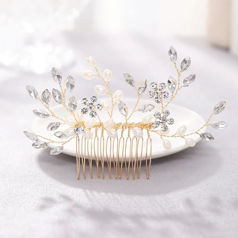 Crystal Pearl Leaf Hair Comb Clip - Handmade Wedding Tiara for Brides Style 7