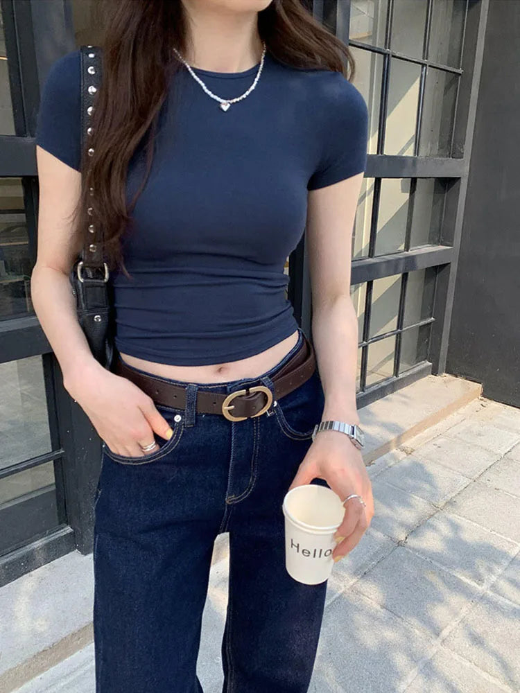 Basic Solid Crop Top Women Crewneck Short Sleeve Streetwear Tee