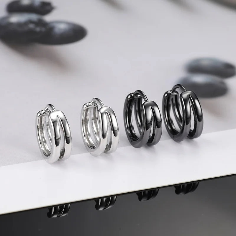 Hollow Double Ring Small Hoop Earrings for Men and Women - Trendy Black Silver Hip Hop Gothic Ear Jewelry