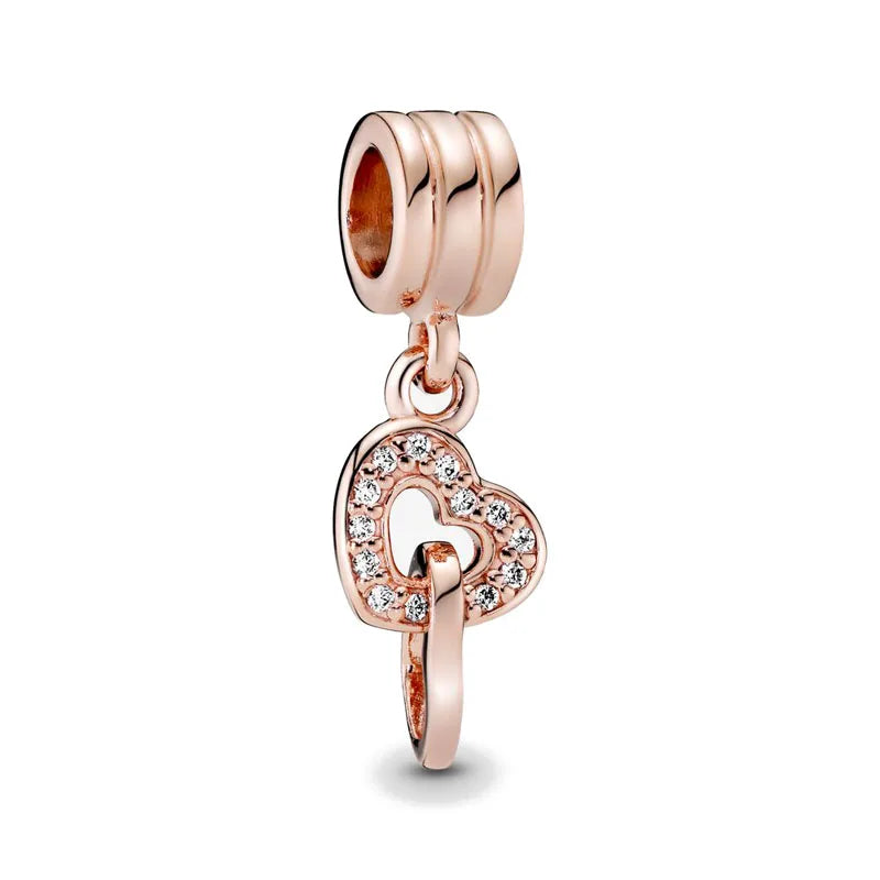 Rose Gold Padlock Heart Key Pendant Necklace for Women 925 Silver with Zircon Beads P496