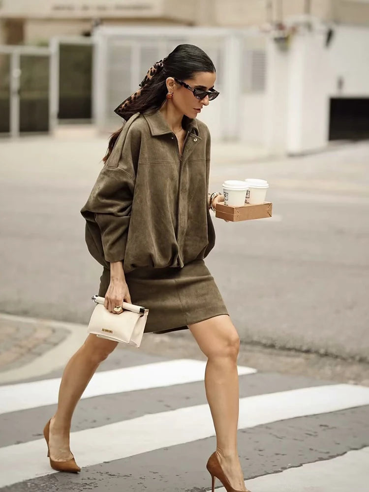 Green Suede Leather Women Bomber Jacket With Zipper Pockets