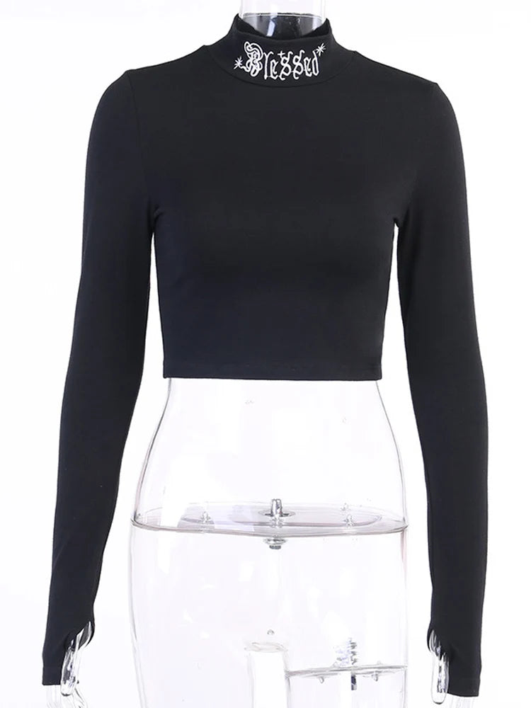 Blessed Gothic Harajuku Embroidered Black Bodycon Crop Top