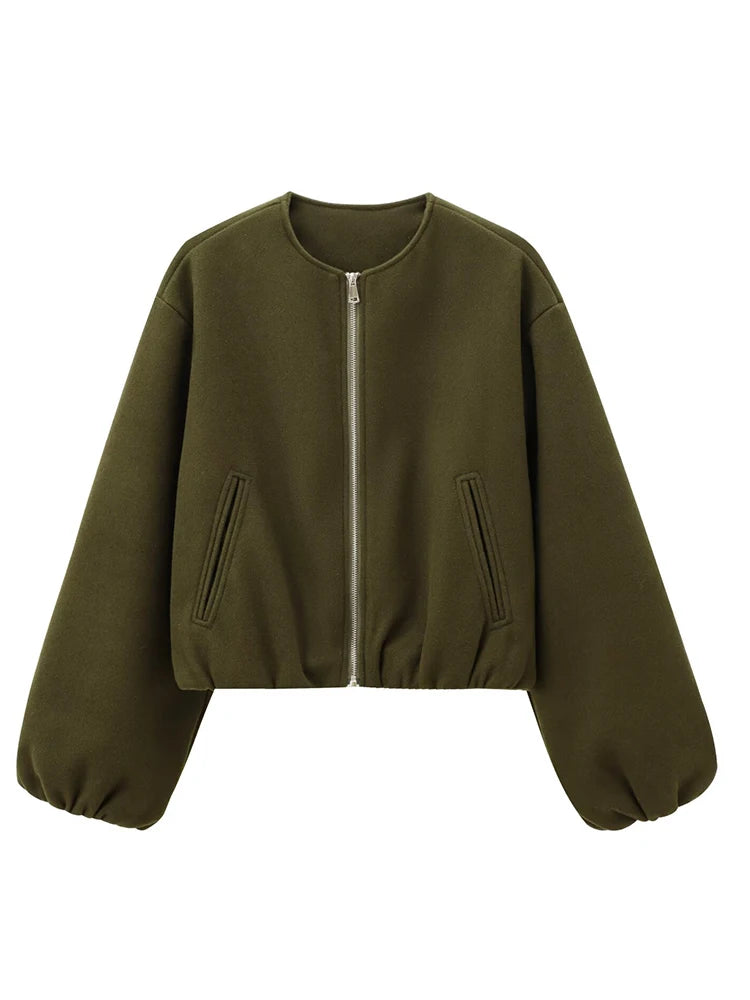 Soft Bomber Jacket For Women Front Zipper Long Sleeve Coat