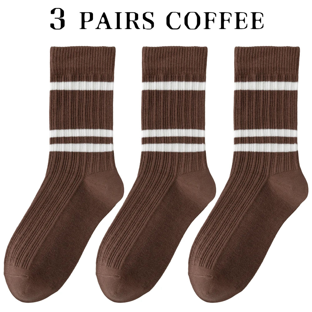 3 Pairs Retro Athletic Mid Calf Double Knit Socks Women