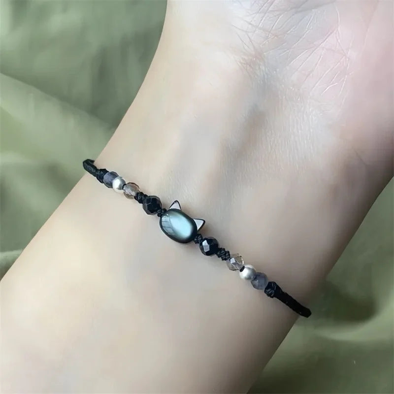 Moonstone and Obsidian Cat Bracelets Set for Couples - Minimalist Handmade Party Jewelry Gift