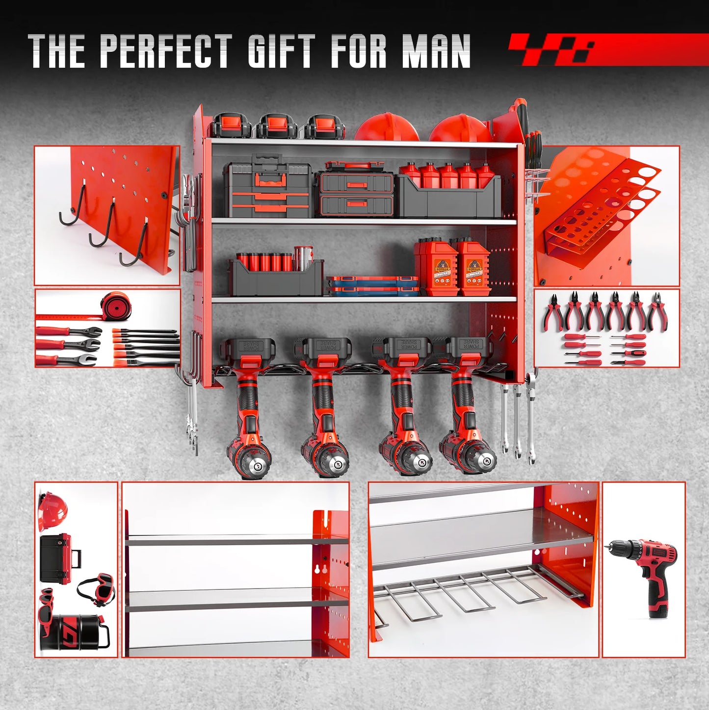 Heavy Duty Wall Mounted Power Tool Organizer with Battery Rack Pegboard and Multi Hooks
