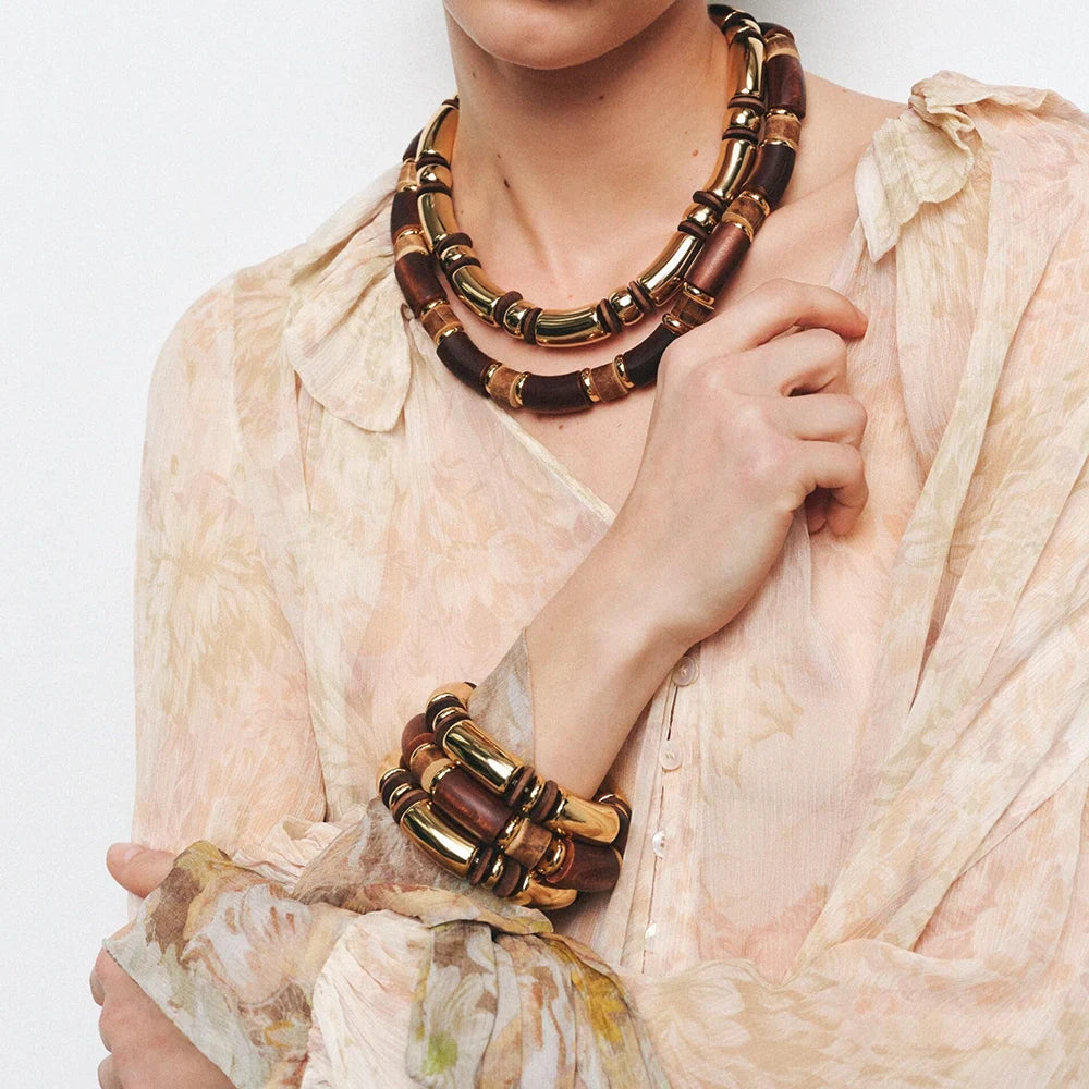 Vintage Brown Wood Multi Layer Necklace And Bracelet Set For Women Gold Plated Fashion Jewelry Gift For Parties