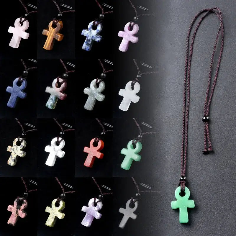 Ancient Egyptian Ankh Cross Agate Amulet Necklace