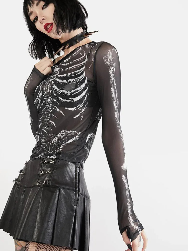 Gothic Punk Y2K Women Skeleton Crop Top Black Long Sleeve