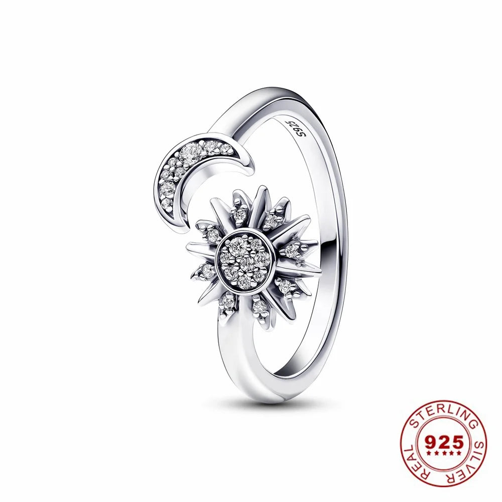 Hot Sale Original 925 Sterling Silver Tiara Heart Sparkling Wedding Rose Gold Ring for Women Sun and Moon Crystals Jewelry PAR184