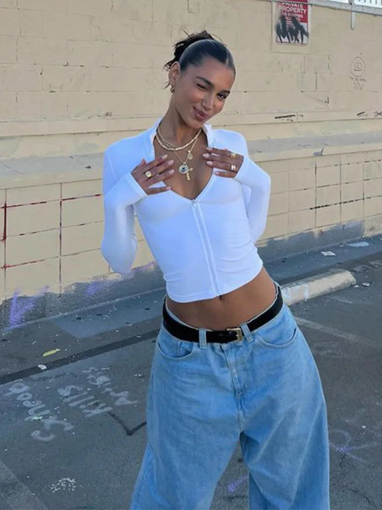 Long sleeved semi high neck zipper cardigan short style tight fitting spicy girl style fashionable crop top T-shirt