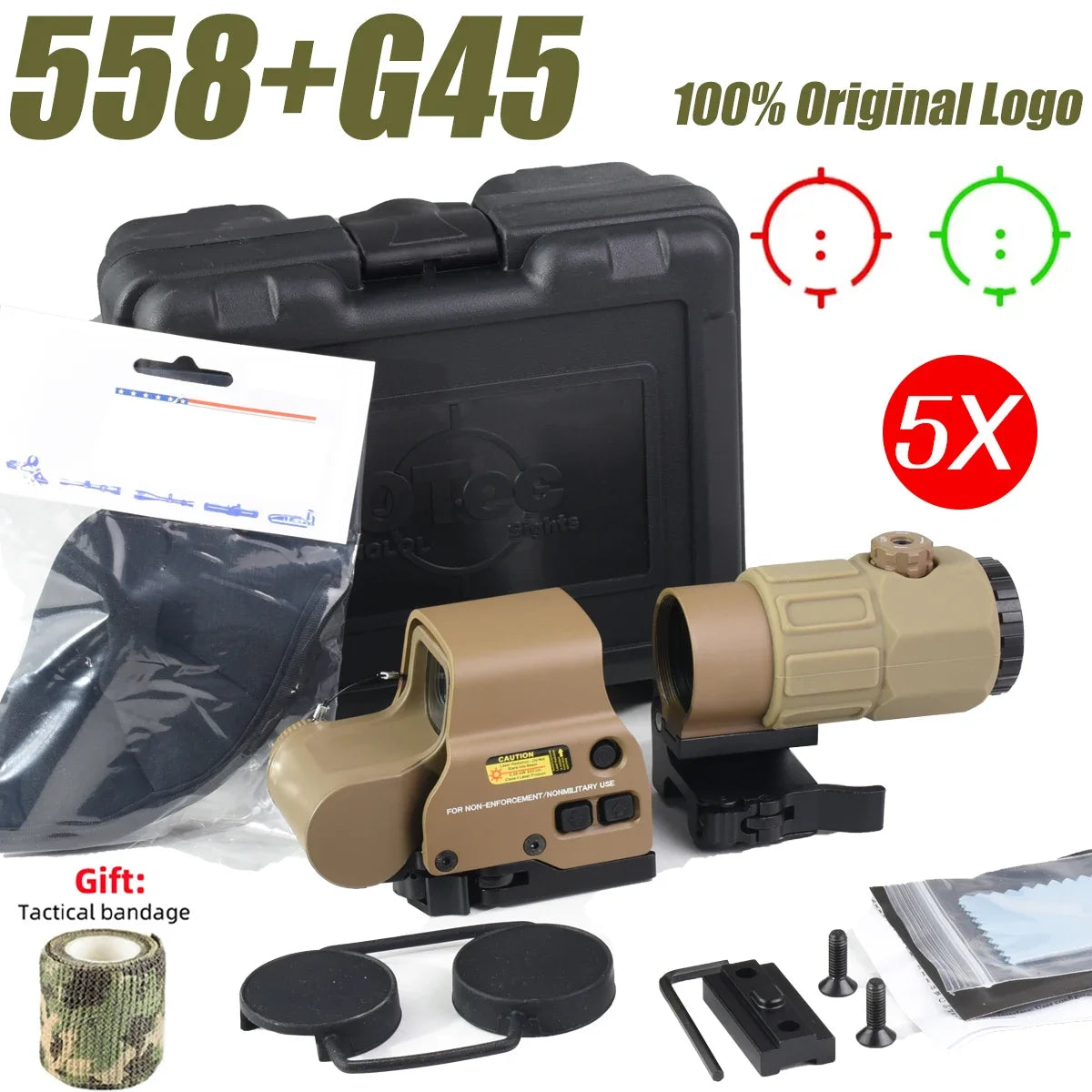 E*T*CH 558 Holographic Red Green Dot Sight Collimator Tactical 3X 5X Magnifier Combo for Hunting and Airsoft Riflescope 558 G45--H--TAN