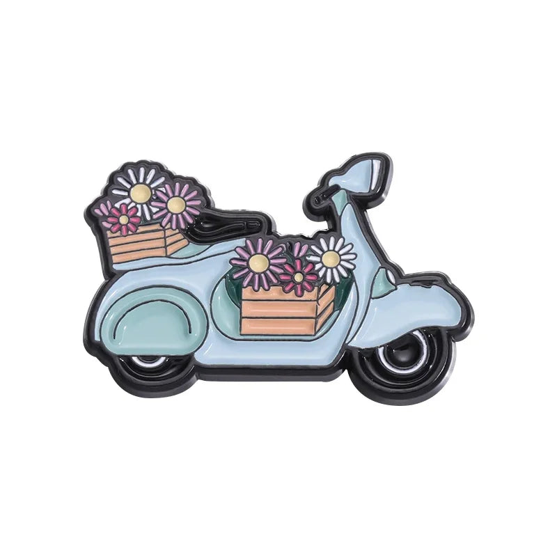 Whimsical Break Enamel Pin Set with Floral Bicycle and Watering Can Designs for Backpacks and Parties