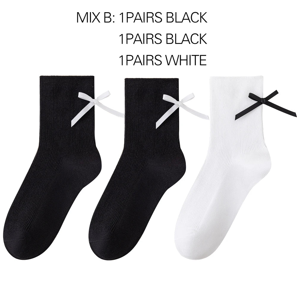 3 Pairs Black White Ballet Bow Crew Breathable Socks