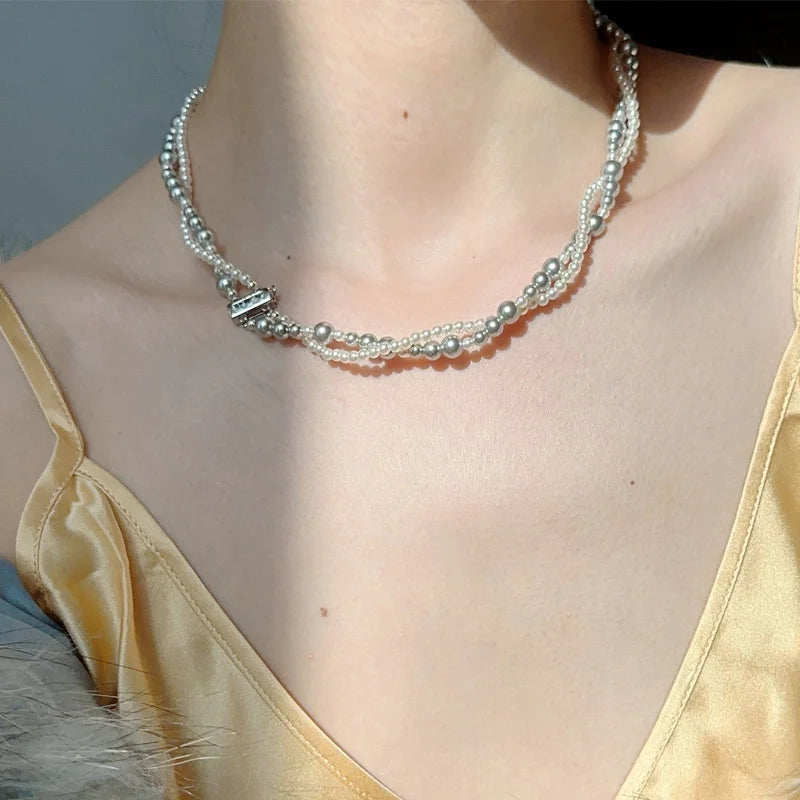 Elegant Double Layer Imitation Pearl Choker Necklace with Magnetic Clasp