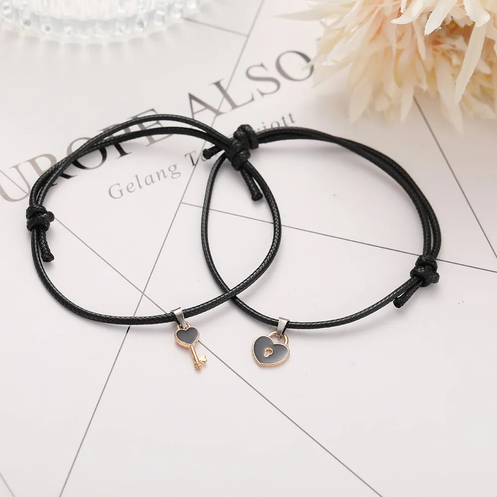 Charm Black Heart Key Lock Adjustable Couple Bracelets Set for Lovers