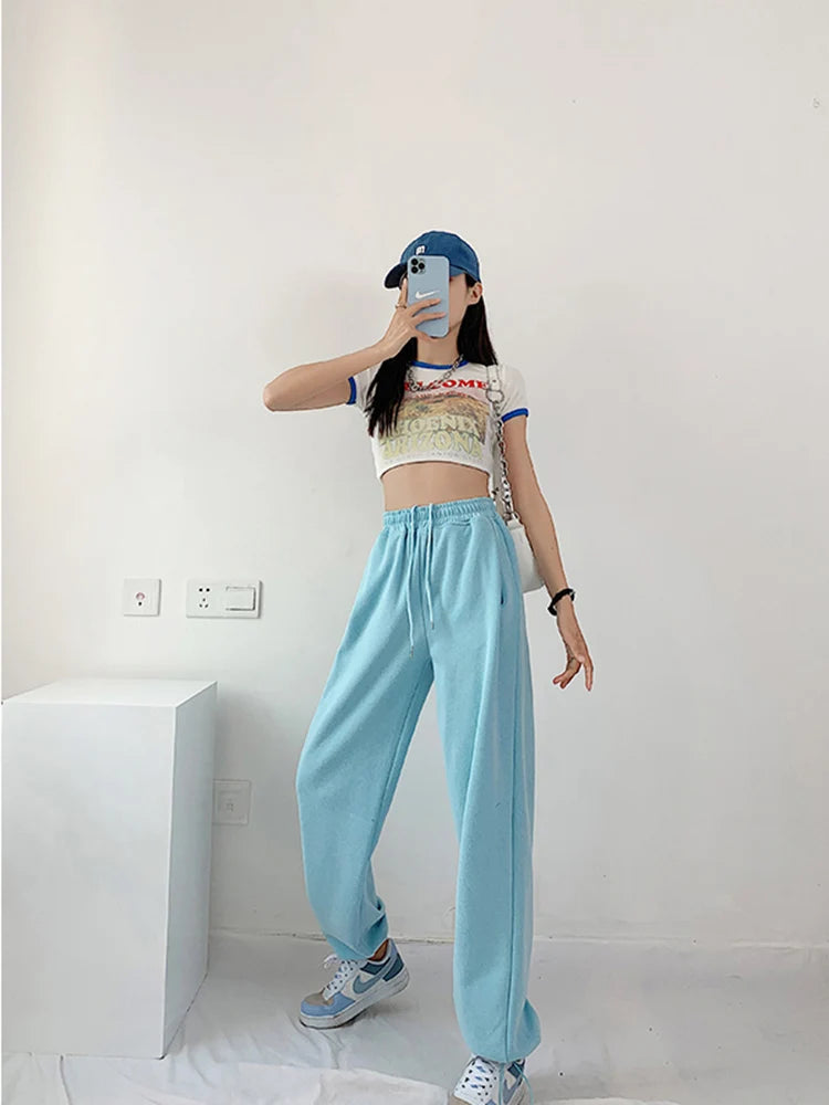 Korean White Blue High Waist Loose Drawstring Harem Pants