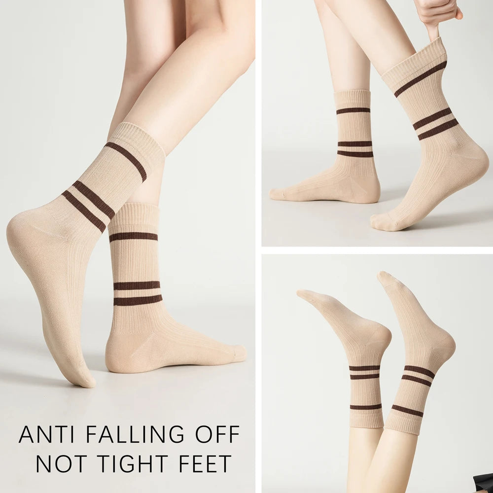 3 Pairs Retro Athletic Mid Calf Double Knit Socks Women