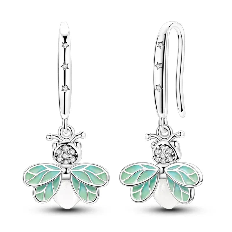 Authentic Luminous Firefly Bee Light Bulb Charm Ring Earrings 925 Sterling Silver DIY Jewelry Gift