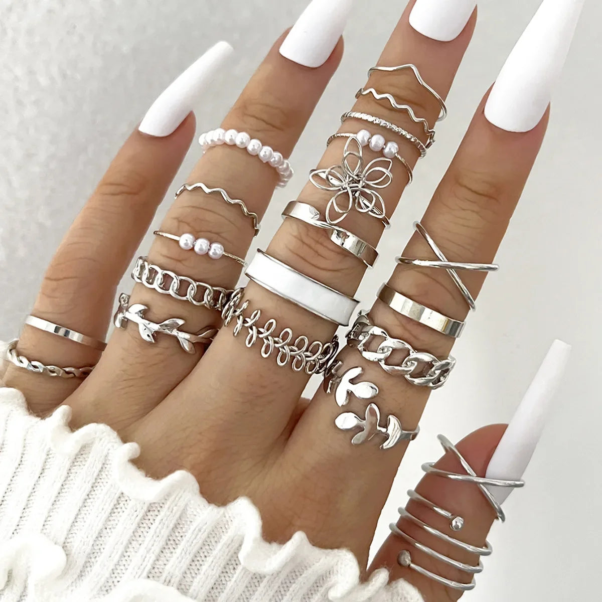 Silver Geometric Knuckle Rings Set for Women with Eye Cross Sun Moon Leaf Charms Boho Jewelry