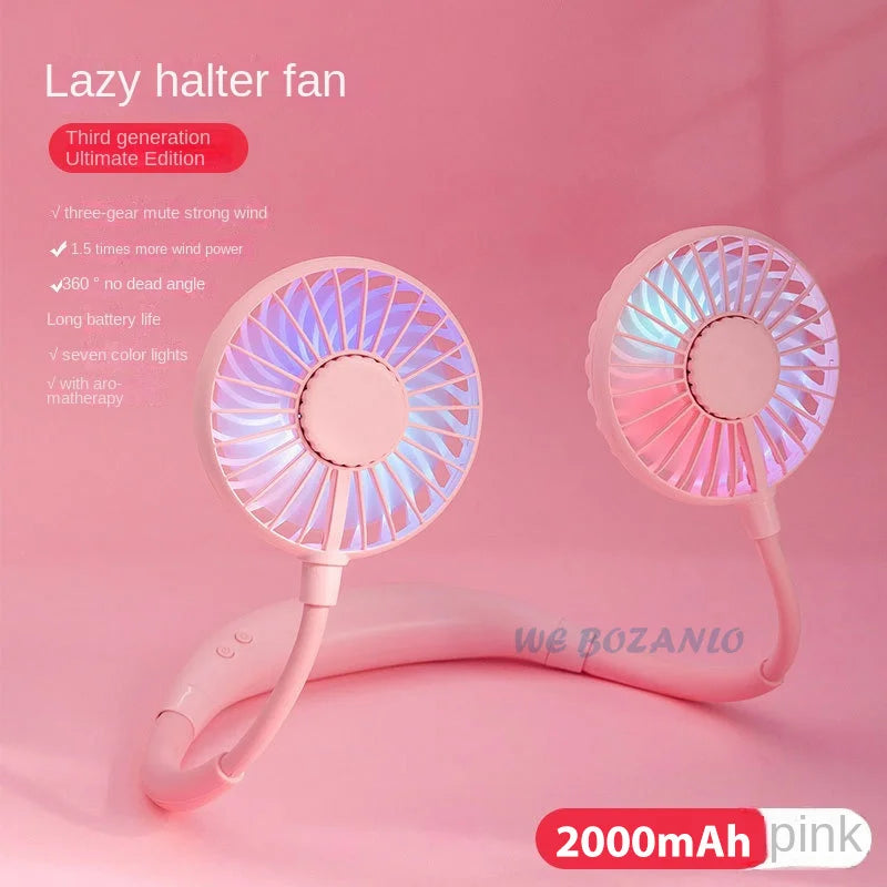 USB Portable Fan Cold Fan Hands Free Neck Fan 3-Speed Adjustable Mini Sports Fan Home Office pink with light