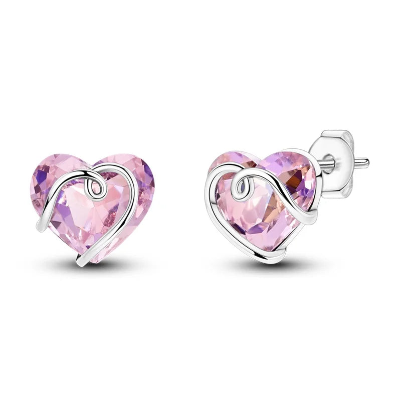 Sparkling 925 Sterling Silver Colorful Heart Zircon Round Huggie Bow Stud Earrings for Women Elegant Sweet Jewelry Gifts