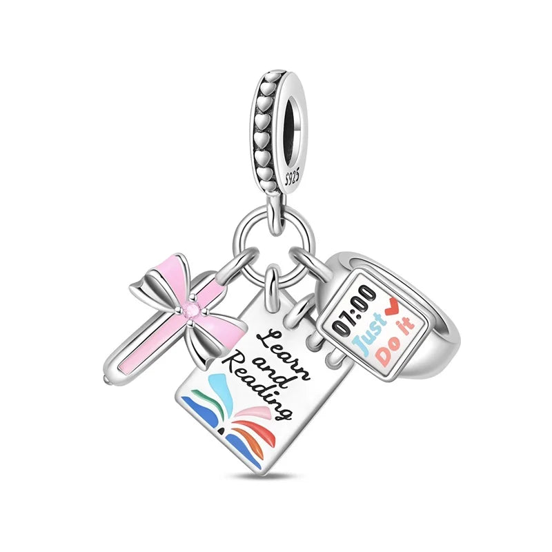 925 Sterling Silver Graduation Mortarboard Charm with Zircon Beads for DIY Bracelet Fine Jewelry Gift
