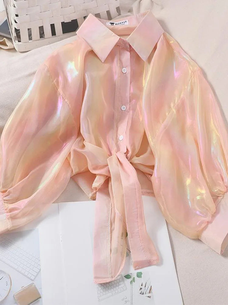 Sparkling Buttoned Waist Blouse For Women Half Sleeve
