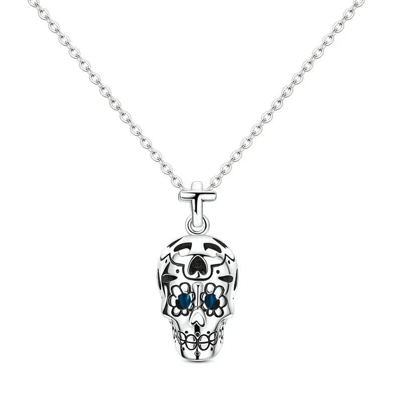 Original 925 Sterling Silver Heart Skull Necklace Ring and Cross Bracelet Set with Zircon Accents for Halloween and Valentine Gifts